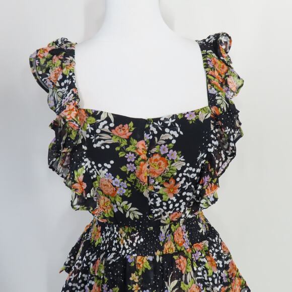 Yumi Kim Midnight Magic Black Floral Tiered Mini Eden Dress Flutter Sleeves XS - Picture 6 of 9